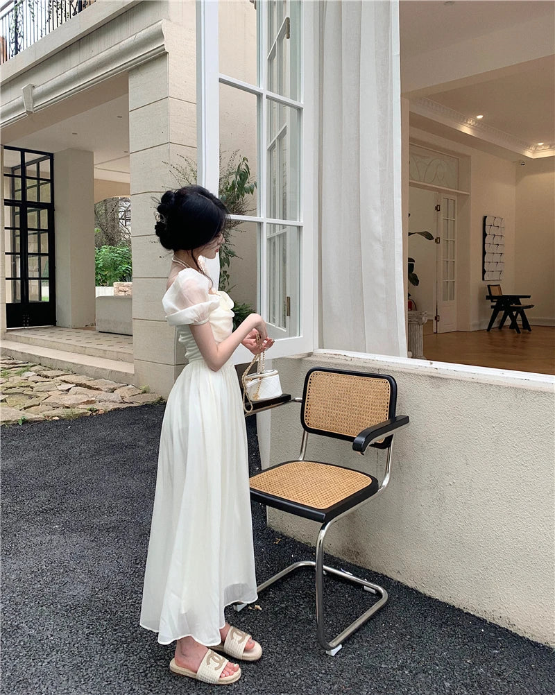 Summer Halter Midi Dress Female Chiffon Square Neck Party One Pieces Dresses French New Vestidos Robe