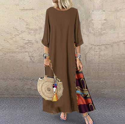 Cotton Linen Long Dresses Three Quarter Sleeves Splicing Print Loose A-line Dress Lady Maxi Vestido