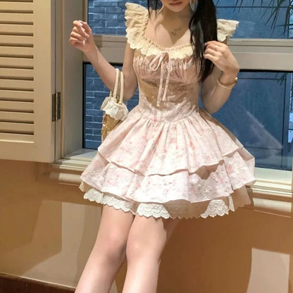 Flying Sleeve Sweet Mini Dresses Square Neck Ruffles Spring Summer Dress Korean Vestidos Mujer
