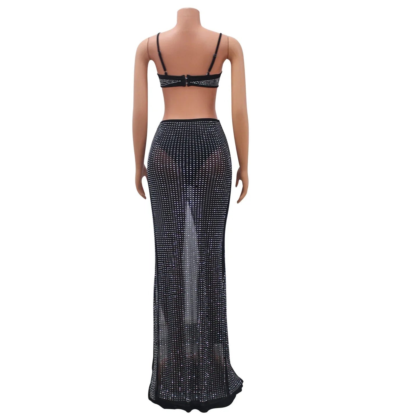 Summer Prom Corset Maxi Dresses Sets Diamond Bikini Top High Waist Sheer Mesh Skirt Club Party Vestido Two Piece Sets