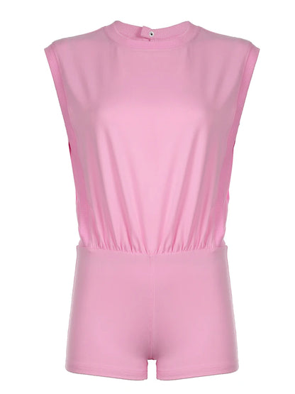 Hollow Out Back Sleeveless Blouse Rompers O Neck Simple Summer Vacation Beach Playsuits Pink