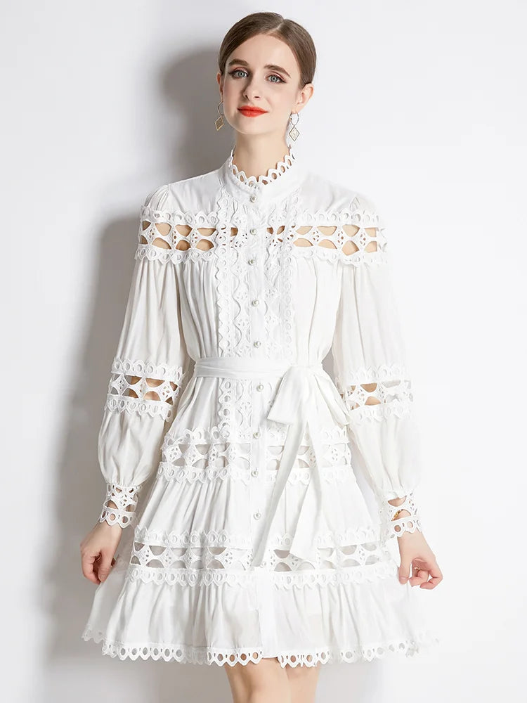 Stand Collar Single Breasted Dresses Spring and Autumn Hollow Out Embroidery Lace Trims White Mini Dress