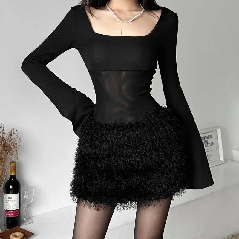 Korean Mesh Splicing Slim Longsleeved Dress Spring New Square Collar Color All Match Mini Dress