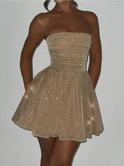Shiny Sequins Evening Dress Off Shoulder Slim Ruffle Mini Dresses Lady Party Bow Bandage Backless Dress Woman