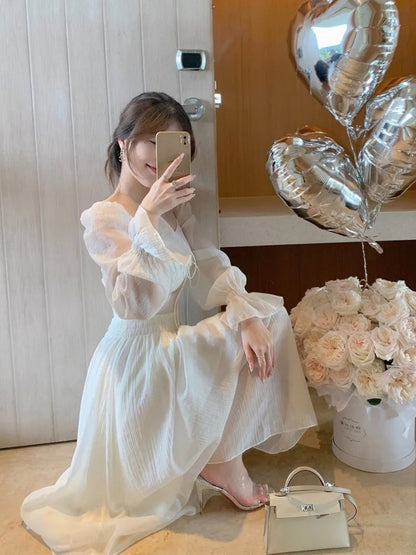 White Bandage Oneck Lantern Sleeve Maxi Midi Dresses for Party Holiday Backless Prom Bodycon Dress Summer