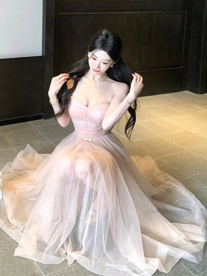Sweet Printcess Midi Dress for Spaghetti Strap Fairy Birthday Party Dress Summer Ball Gown Korean Female Vestidos