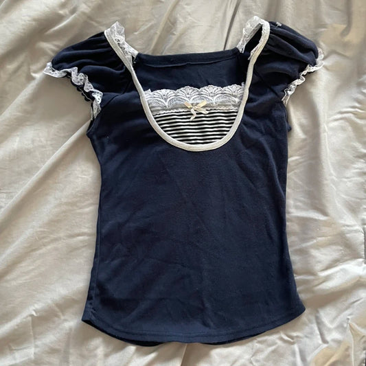 Kawaii Bow Lace Trim T-shirt Striped Patchwork Slim Fit Crop Top Y2k Aesthetic Fairy Grunge Retro Pullover Tees