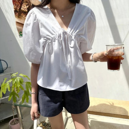 Spring Summer Puff Sleeve Vneck Blouses Short Sleeve Loose Laceup Shirts for