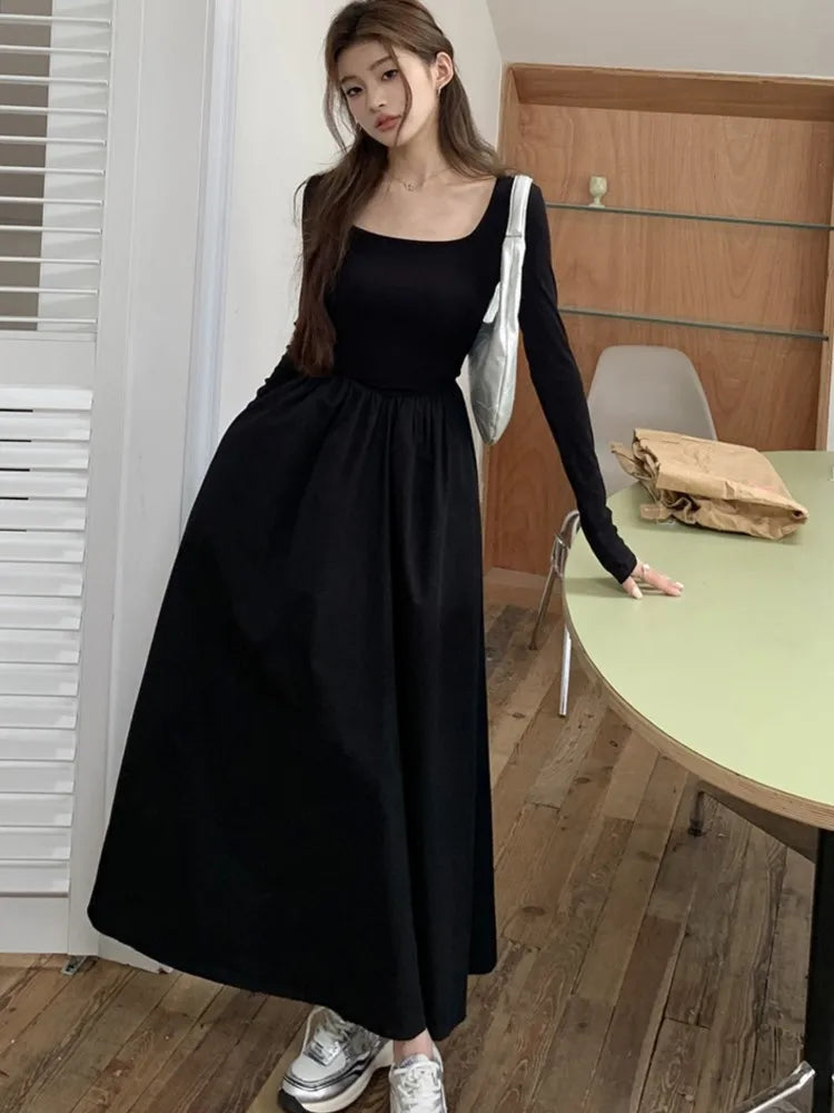 Knitted Midi Dresses for Long Sleeves Square Collar A-line Autumn New Dress Female Slim Vestidos