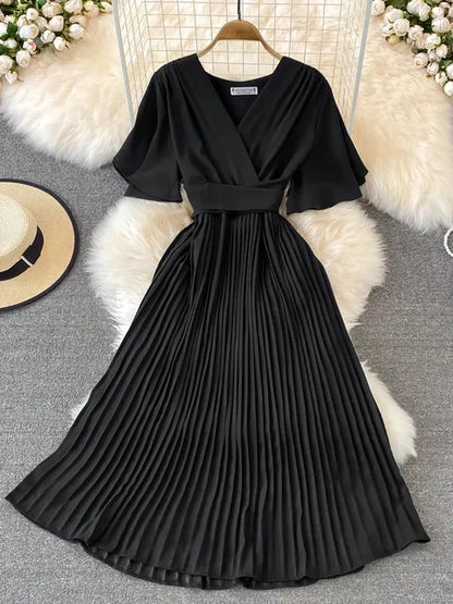 Pleated Dress Summer Short Sleeve V-neck Dresses a Line High Waisted Midi Dress