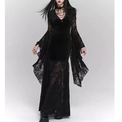 Gothic Black Midi Dresses V-neck Irregular Flrae Sleeve Y2k Lace Bandage Dark Style Harajuku Clothing New