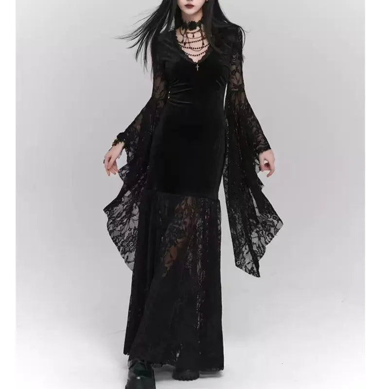 Gothic Black Midi Dresses V-neck Irregular Flrae Sleeve Y2k Lace Bandage Dark Style Harajuku Clothing New