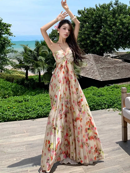 Print Long Dresses for Backless Laceup Party Dress Summer Holiday Beach Pleated Aline Vestidos Robe