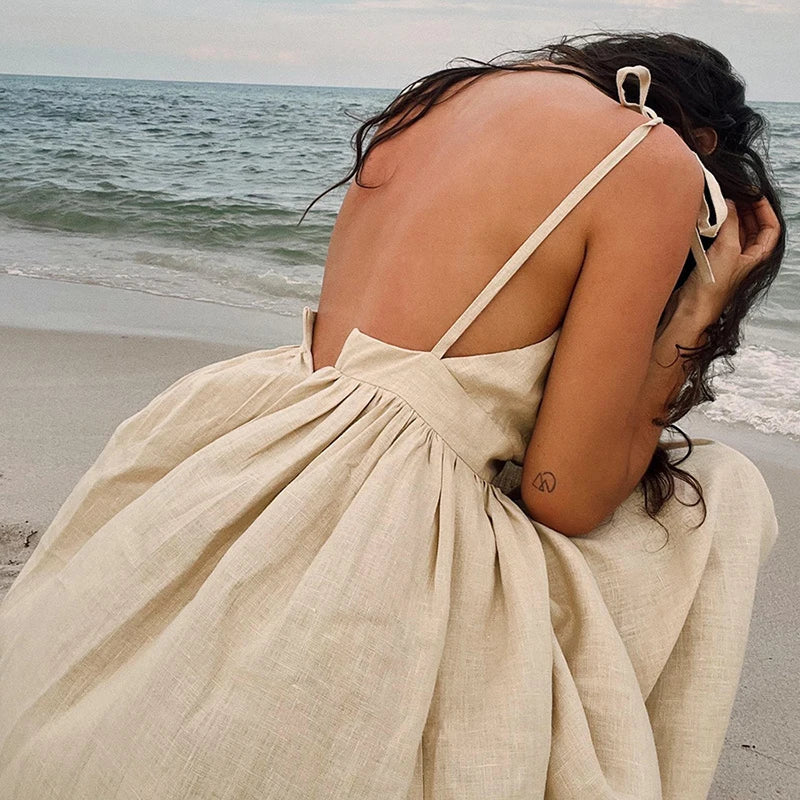 New Summer Spaghetti Strap Beach Dress Vneck Hollow Pleats Long Dress Backless Pocket Holiday Dresses