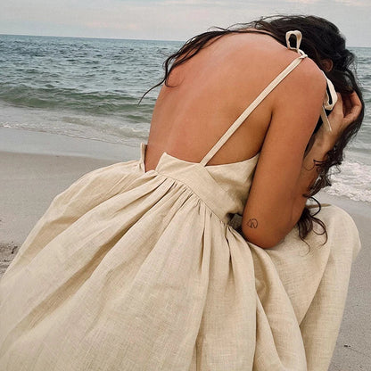 New Summer Spaghetti Strap Beach Dress Vneck Hollow Pleats Long Dress Backless Pocket Holiday Dresses