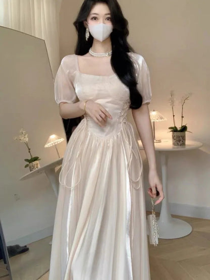 French Bubble Sleeves Dresses Summer Square Collar Evening Party Prom Sweet Chiffon Long Dress
