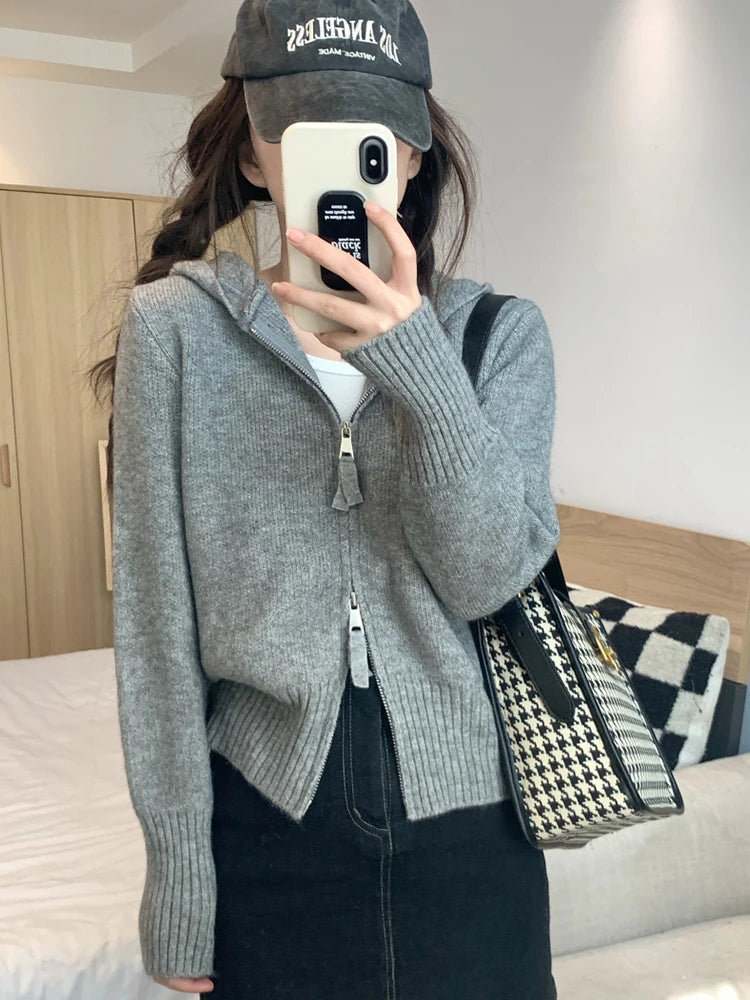 Double Zipper Cropped Knitwear Basic Zip Up Hooded Knitted Cardigan Slim Long Sleeve Sweaters for Winter Clothes