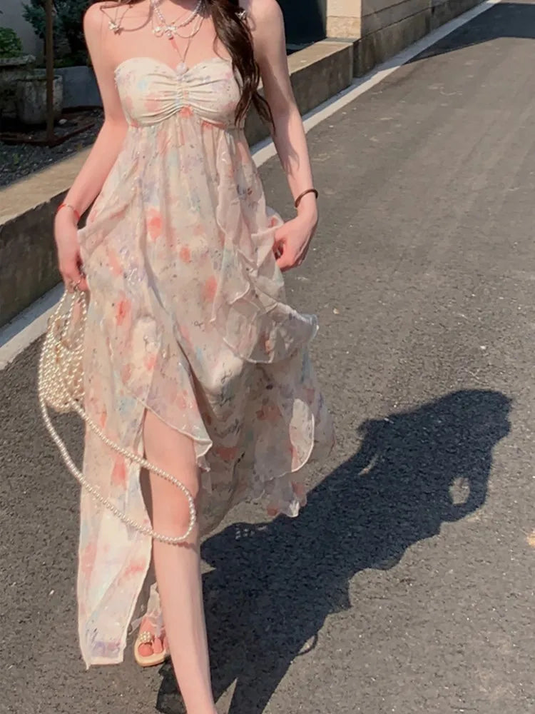 Sleeveless Midi Dresses for Beach Style Chiffon Hanging Neck Strap Holiday Sundress One Piece Vestidos