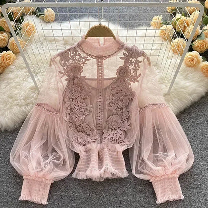 French Blouse Temperament Sweet Ruffles Loose Tops Spring Long Sleeve White Shirts