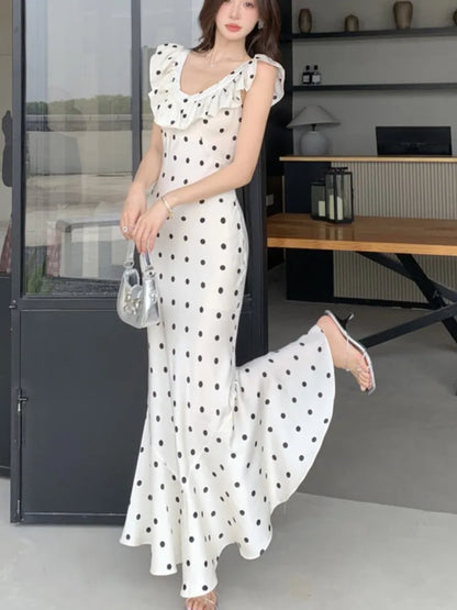 Bodycon Dot Midi Dresses for Ruffles V-neck Sleeveless Slim Mermaid Evening Party Dress Prom Robe Vestidos Mujer