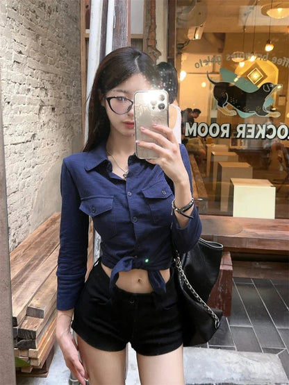 Navy Blue Three Quarter Shirt for Tops Button Up Slim White Blouse Female Autumn Black Clothes