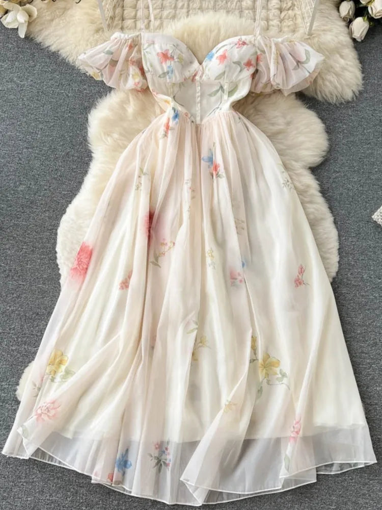 Strap Dress Summer Strapless Corset Maxi Sundress Backless Bow Sweet Print Midi Dresses