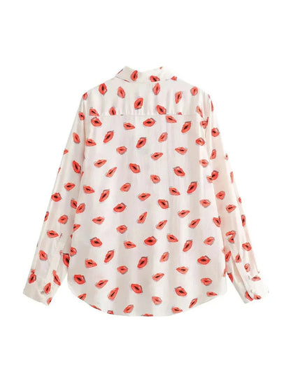 Summer Blouses Woman Lips Printed Lapel Long Sleeves Single Breasted Shirts Female Loose Shirt Top