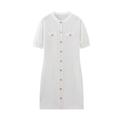 Color Knitted Mini Dress for Metal Button Slim Rib Sweater Dress Holiday Party Outfits Spring New