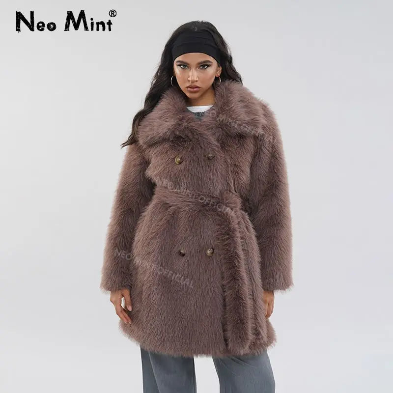 Brand Belted Long Fluffy Faux Fur Coat Winter Thicken Warm Lapel Fox Fur Collar Furry Jacket Overcoat