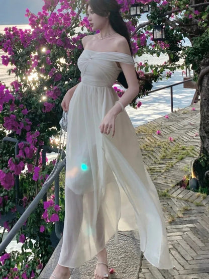 Chiffon Midi Dress Summer New Off Shoulder Slash Neck High Split Holiday Beach Style Backless Party Dress Vestido