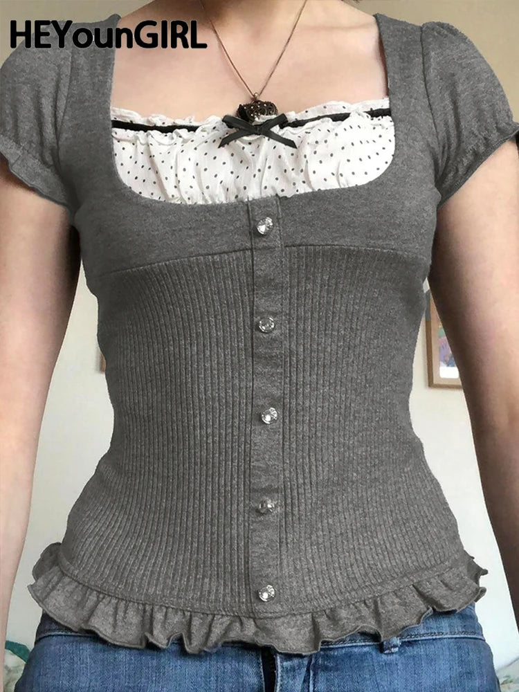 T-shirt Patchwork Lace Sweet Square Collar Knitted Tops Ruffles Hem Y2k Gray Tee Shirt Clothes
