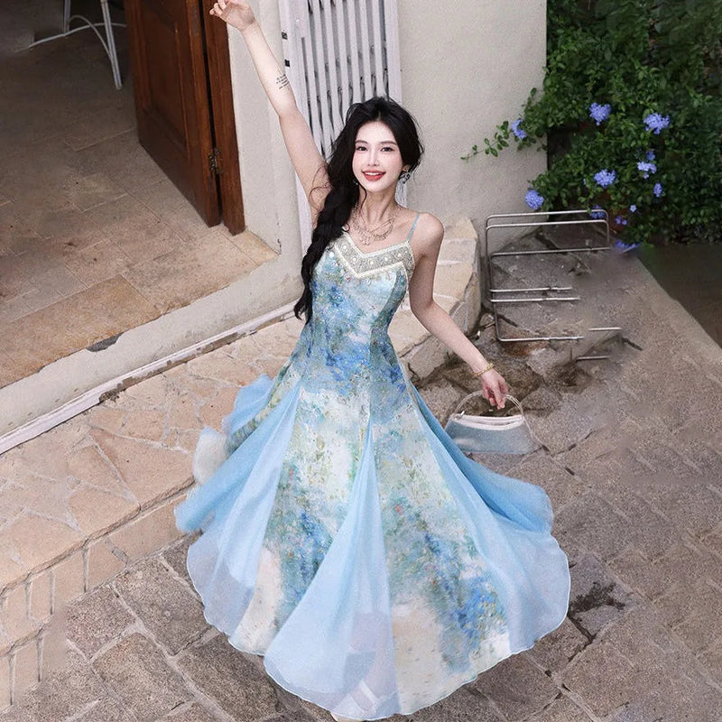 Blue Sfumato Print Dress ’s Commuting Splicing Evening Suspender Long Dresses Mesh Splicing Summer New Style