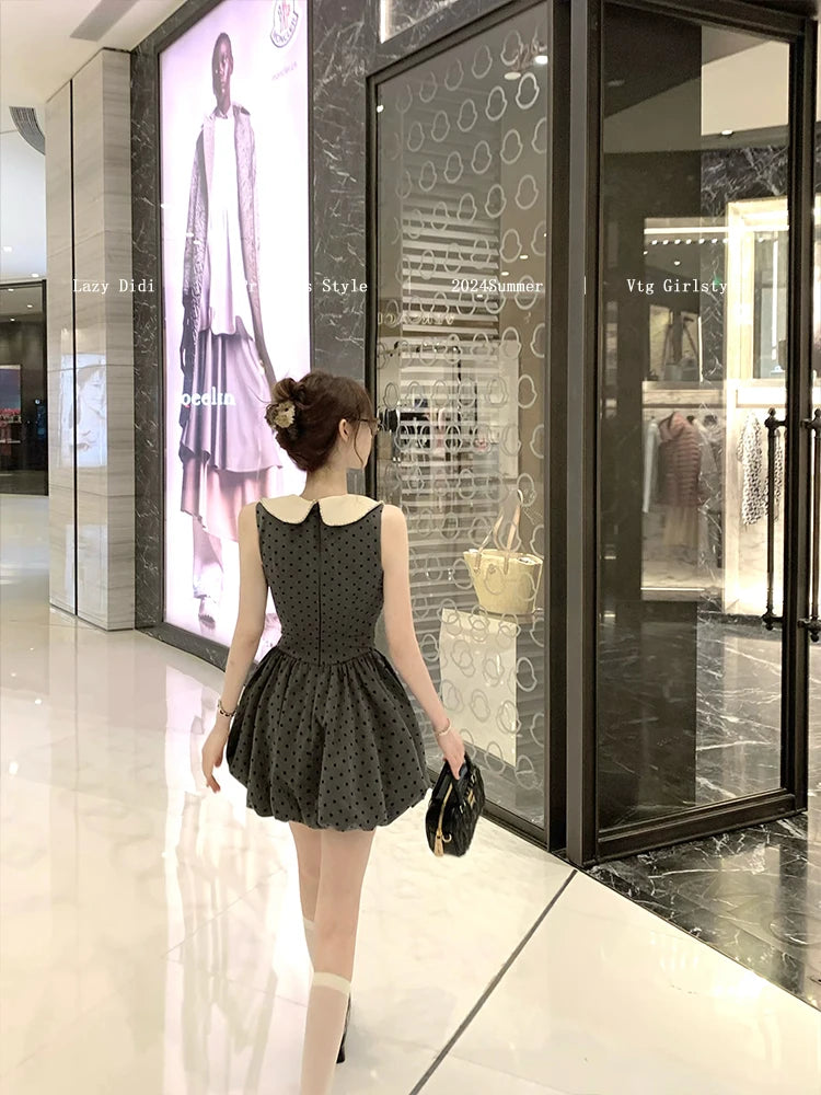 French Mini Dress Sleeveless 2000s Retro Clothing One Piece Dress Korean Y2k Dot Design