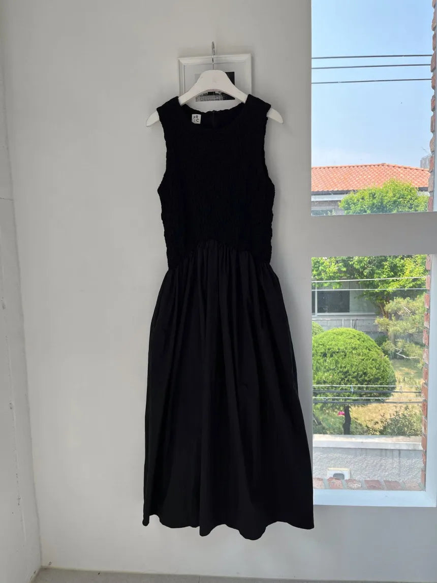 Long Dress Korean Summer Design Round Neck Pleated Texture Slim Fit Sleeveless Vest Vestidos