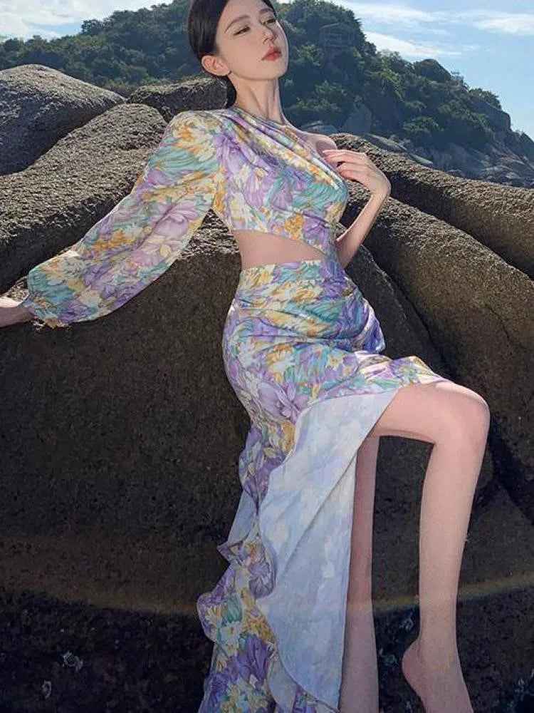 Purple Print Club Slanted One Shoulder Slim Ruffles Long Dress Summer Long Sleeve Party Evening Dress