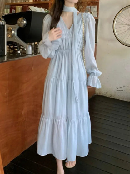 Autumn Midi Dresses for V-neck Flare Sleeves A-line Korean French Vestidos Mujer New