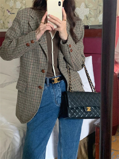 Ol Blazers Slim Autumn Woolen Office Lady Work Wear Plaid Mujer Coats Daily Houndstooth
