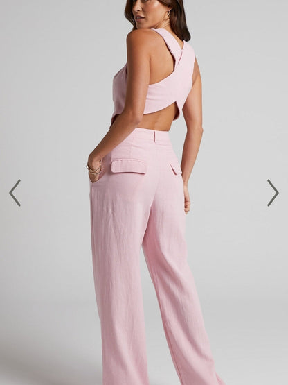 Crop Waist Vest Coat & Wide Leg Pants Coord Set