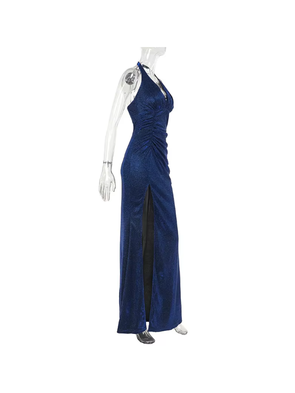 Backless Deep Halterneck Shimmer High Slit Maxi Dress