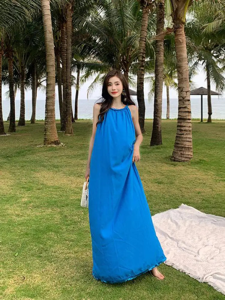 Summer Blue Round Neck Loose Pleated Bandage Long Dress New Club Sleeveless Vacation Dress Simplicity