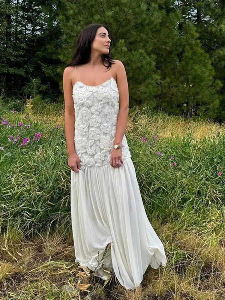 3d Sling Long Dress Retro White Backless Pleated Maxi Evening Dresses Female Spring Street Party