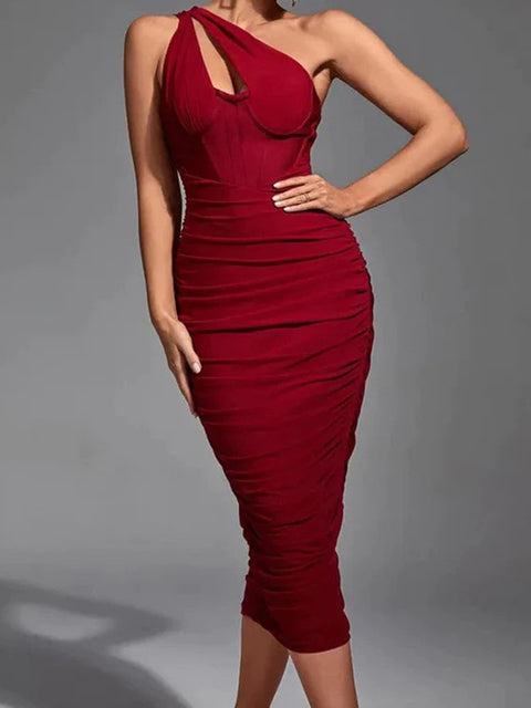 One Shoulder Ruched Midi Dress for Club Party Outfits Summer New Sleeveless Backless Bodycon Long Dress