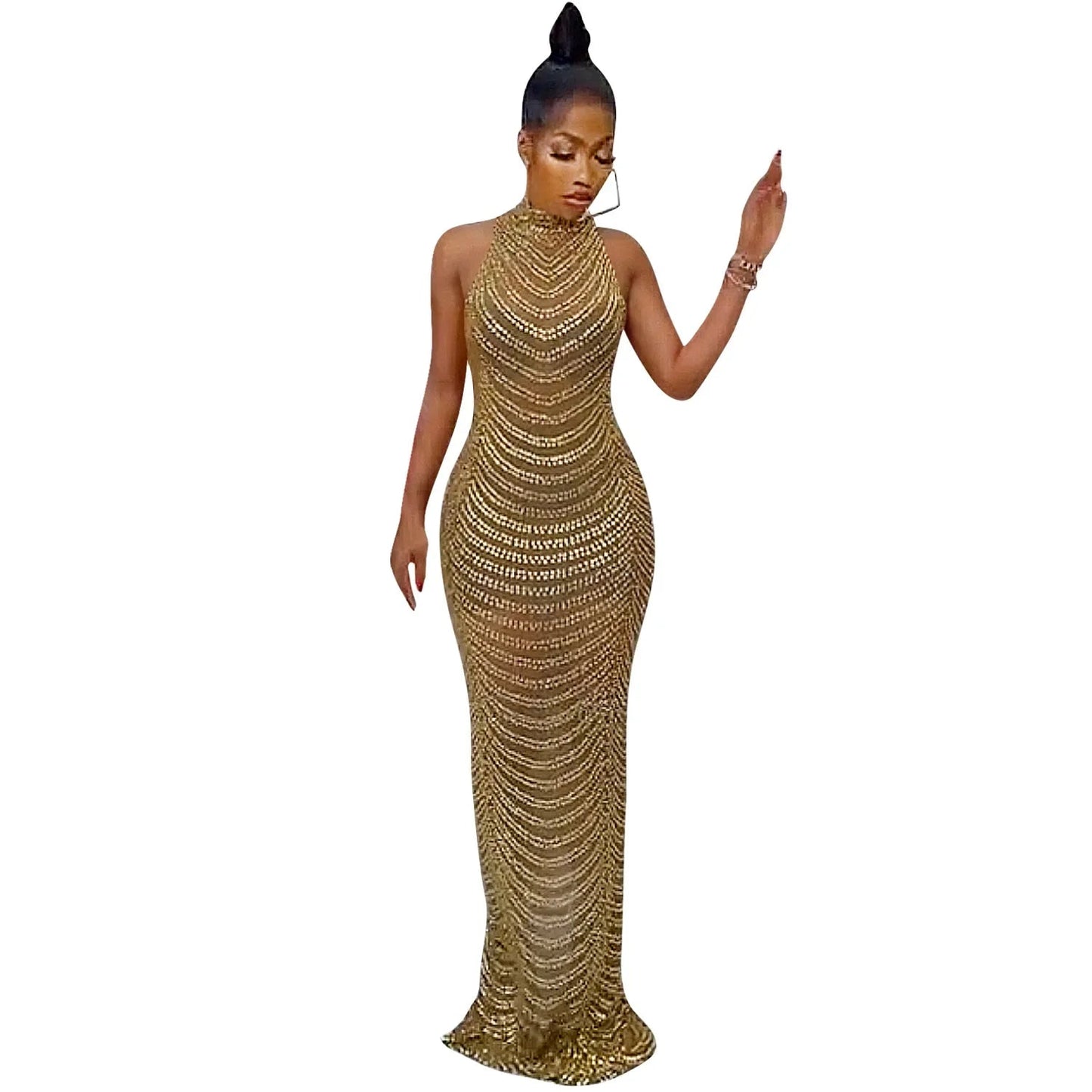 Gold Rhinestone Mesh Prom Maxi Dress Long See Through Outfits Party Diamond Night Club Bodycon Dresses