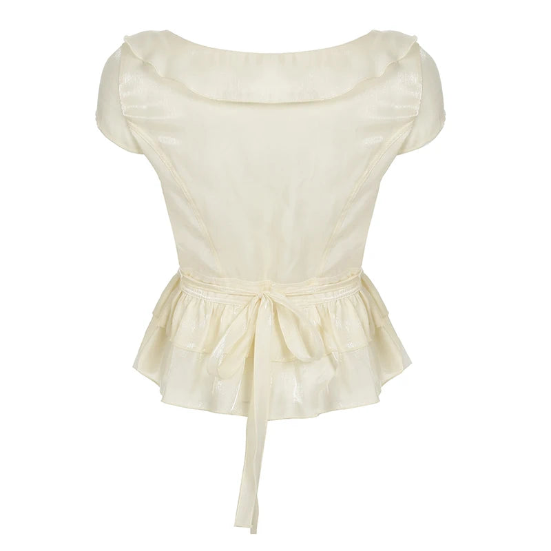 Peter Pan Collar Tiered Aline Blouse Sweet Slimming Back Tieup Bow Shirts Short Sleeve Top Summer