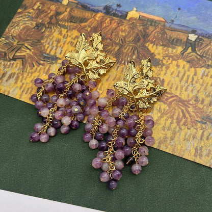 Grape & Gold Leaf Tassel Earrings