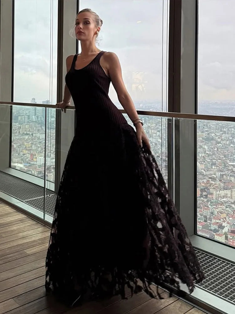 Knitted Sequin Long Dresses Glitter O-neck Sleeveless Maxi Evening Dress Female Street Party