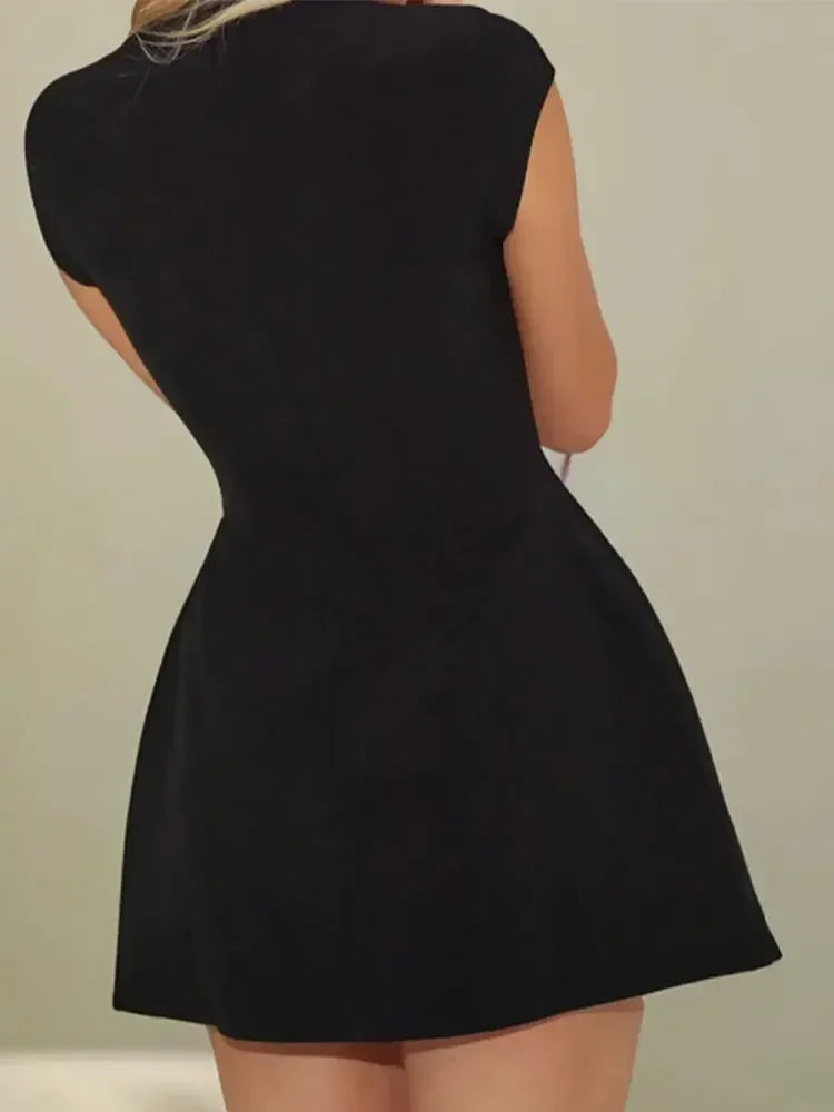 New Slim Pockets Mini Dress Oneck Short Sleeve Aline Dresses Office Lady Commuting Robes