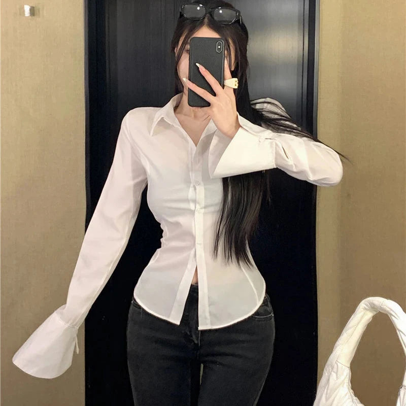 Bandage Shirts White Flare Long Sleeve Slim Blouses Spring Korean Black Lace Up All Match Tops