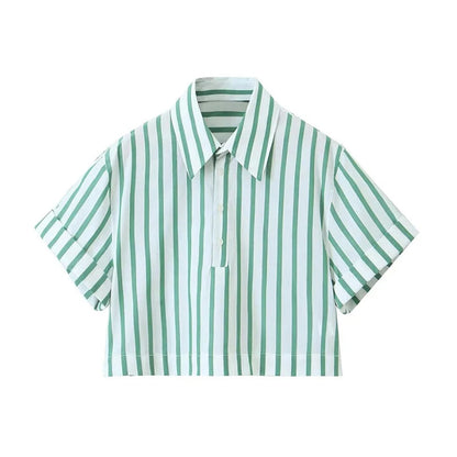 Summer Causal Short Sleeves Shirts for Woman Green Stripes Lapel Tshirt Buttons Female Cropped Slim Blouses