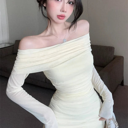 Mesh Mini Dresses Slash Neck Spring Summer Dress Korean Ruffles Vestidos Mujer